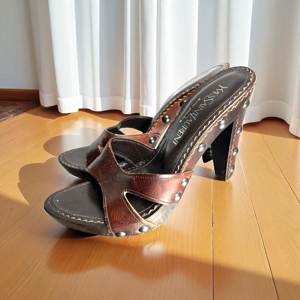 Yves Saint Laurent Brown Studded Leather Heeled Mules